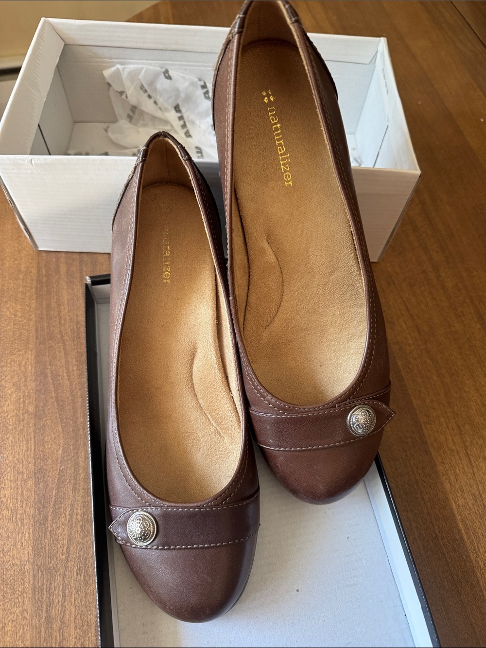 Naturalizer Brown Leather Slip-On Ballet Flats with Button Accent